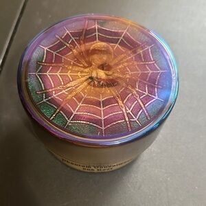 Halloween spider phantom sandals wood and rose candle in a iridescent glass jar